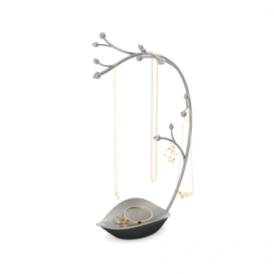 Image of Umbra Orchid Jewelry Hanging Tree Stand Multi Functional Necklace Holder Display Organizer Rack With a Ring Dish Tray, Gun Metal, 15&quot;L x 5.5&quot;W 9&quot;H