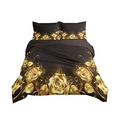 Image of Duvet Cover Set Rose Flower 3D Digital Printing Romantic Floral Bedding Girl Woman Black Blue Gold Red Quilt with Pillowcase, Microfiber (Gold, Double)