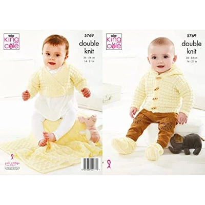 Image of King Cole Baby DK Double Knit Knitting Pattern Cardigan Hooded Jacket Bootees &amp; Blanket (5769)