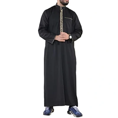 Image of Infinity Leather Mens Thobe Jubba Emirati Islamic Arabic Eid Embroidery Kaftan Jubbah Robe Black