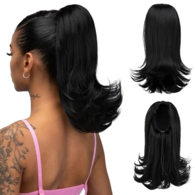 Image of Women&#039;s Wig Ponytail Female Slightly Curly Short Drawstring Ponytail(1B)