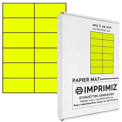 Image of 300 Neon Yellow Self Adhesive Labels 105 x 49.5 mm 12 per Sheet 25 Sheets of A4 Coloured Paper for Inkjet and Laser Printing