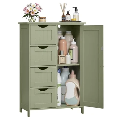 Image of VASAGLE Bathroom Floor Storage Cabinet, Unit with 4 Drawers, Cabinet Freestanding, 1 Door, Adjustable Shelf, 30 x 55 82 cm, Laurel Green LHC041C02