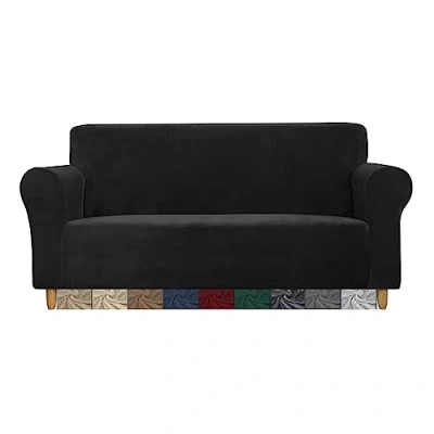 Image of CMAKER Velvet Sofa Covers Couch Cover 2 Seater Stretch with Non Slip Elastic Bottom Furniture Protector Slipcovers for Pets(2 Seater,Black)
