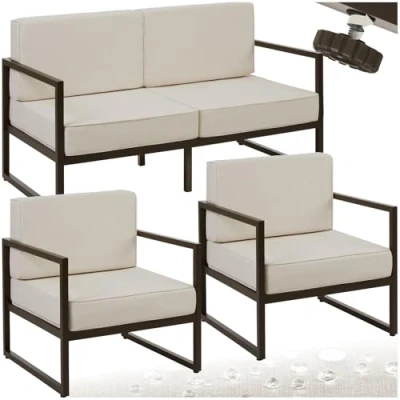 Image of TecTake® Garden Furniture Set in Minimalist Design, Incl. 2 Seater Sofa &amp; Chairs, Thick Cushions, Robust Steel Frames Water Repellent Covers, Outdoor for Patio