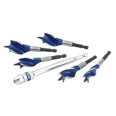 Image of Irwin 1922007 6X Blue Groove Stubby Wood Bit Set with Extension, 16mm 25mm, 5 Pieces