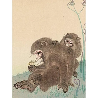 Image of Artery8 Ohara Koson Two Monkeys With Butterfly Painting Art Print Canvas Premium Wall Decor Poster Mural