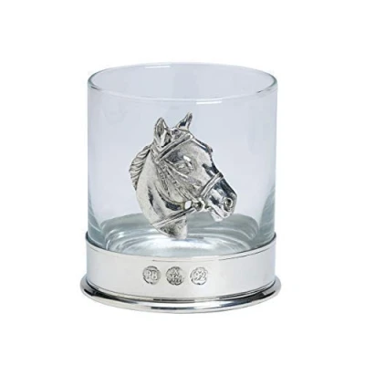 Image of Lead Free pewterware Mounted 12oz Whisky Glass with a Horse&#039;s Head Emblem in Presentation Box of 1 or 2 Glasses (1)