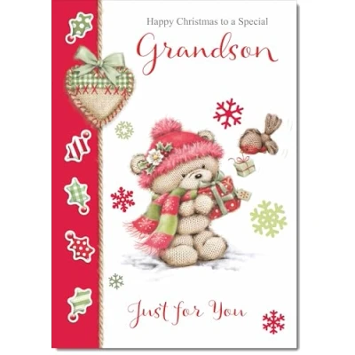 Image of doodlecards Grandson Christmas Card Cute Bear with Red Hat Medium Size for Plain Envelope