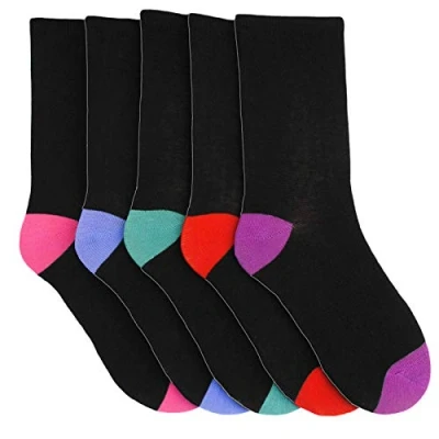 Image of QZ FASHION Ladies 5 Pairs Cotton Rich Socks Black with Multicoloured Heels &amp; Toes uk 4 7