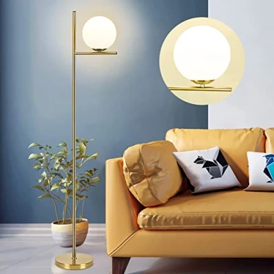 Image of Depuley Gold LED Floor Lamp with Frosted Glass Globe, 3000K Warm White, Modern Tall Pole Standing Light E27 Holder, Reading Lamps for Living Room Bedroom Office (Bulb Included)