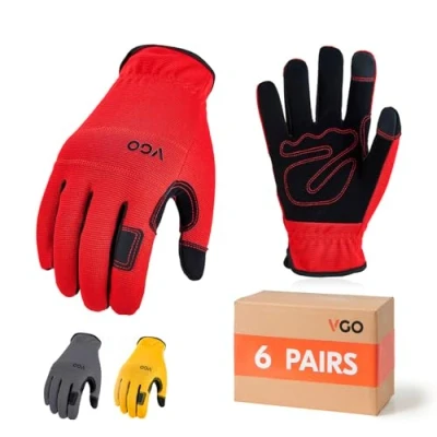 Image of Vgo... 6Pairs Men&#039;s Safety Work Gloves,Builder Gloves,Gardening Gloves,Light Duty Mechanic Gloves(Red+Yellow+Gray,NB7581)