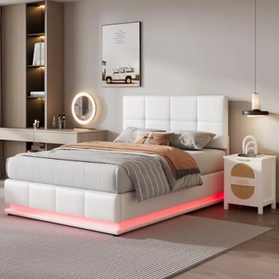 Image of Merax Upholstered Hydraulic Lift, Slatted Frame and Storage Space, Functional Ottoman Bed, LED Lighting, Elegant Finish, Style 02 Pu White 4ft6, 135x190cm