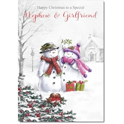 Image of doodlecards Nephew &amp; Girlfriend Christmas Card Two Snowmen Medium Size with Plain Red Envelope, 21 x 15cm