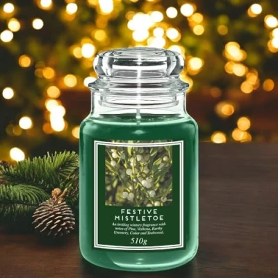 Image of FabFinds Large 18oz Scented Glass Jar Candle Natural Soy Wax Gift Fragrance (Free 8pcs Melt) Burn Time: 104 Hours (The Mistletoe)