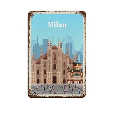 Image of AZOLID Vintage Metal Tin Signs Milan City Travel Poster Wall Decor Office Cafe Bathroom Badroom 30x20CM