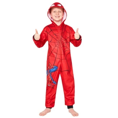 Image of Marvel Fleece Onesie for Boys Warm Hooded Kids 3 10 Years Cosy PJs Comfy Loungewear Gifts (Red Spiderman, 4 5 Years)