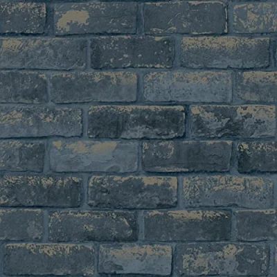 Image of Navy Blue Brick Effect Wallpaper Metallic Silver Modern Contemporary Feature Wall Rustic