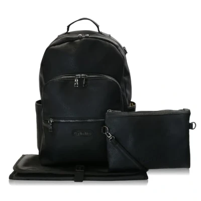 Image of My Babiie Backpack Pro Changing Bag 2 Insulated Bottle Holders, Clutch Bag, Portable Mat, Stroller Clips, Baby Travel Nappy Back Pack, Vegan Leather Black &amp; Gunmetal