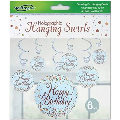 Image of OakTree Sparkling Fizz Hanging Swirls Happy Birthday White &amp; Rose Gold 6pcs