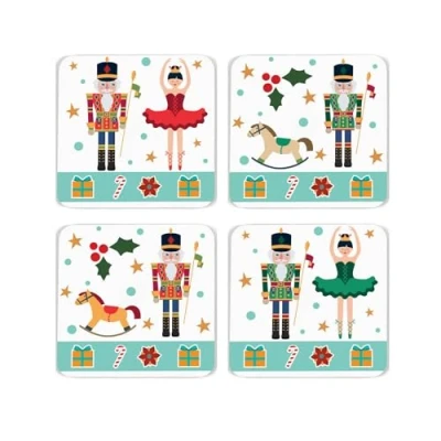 Image of Christmas Nutcracker Cork Coaster Set Ballet Festive Xmas Gifts of Four (4) Square Drinks Coasters