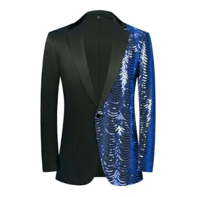 Image of PYJTRL Men Green Blue Gold Leaves Pattern Sequins Blazer (Royal Blue,XL)