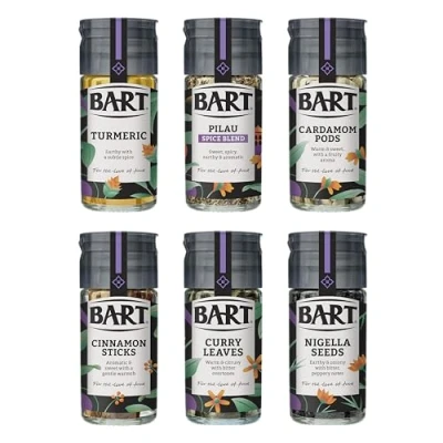Image of BART Indian Spice Collection Turmeric, Cinnamon Sticks, Cardamom pods, Curry Leaves, Nigella Seeds &amp; Pilau Blend Ideal for Cooking (6 Jar Bulk Buy Set)