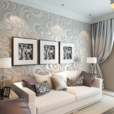 Image of YangYun Home Decoration Modern 3D Abstract Curve Wave Non Pasted Flocking Striped Wallpaper Roll for Living Room Bedroom Cream&amp;Gray Color 2.3&#039;W x 27.56&#039;L