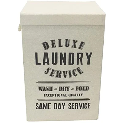 Image of deluxe 85 litre foldable fabric clothes storage laundry hamper bin with rope handles (Cream black writing)