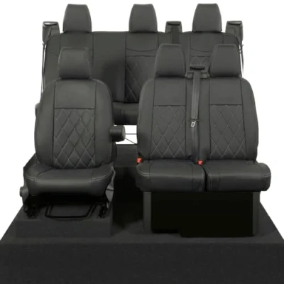 Image of UK Custom Covers Fits Ford Transit (2013 2023) Front &amp; Rear Seat Single Diamond Bentley Stitch Leatherette (Black) SC1128B 1121B