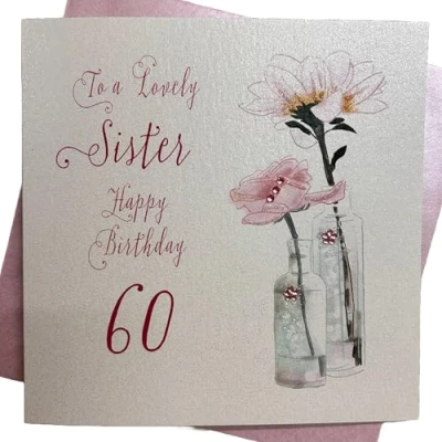Image of white cotton cards Dandelion, Happy Lovely Sister 60&quot; Handmade 60th Birthday Card, White, bd65 60