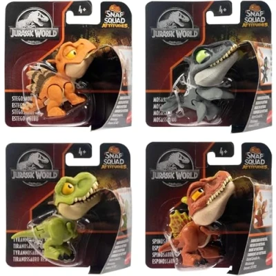 Image of Jurassic World Snap Squad Attitudes Figure Set of 4 Spinosaurus, Mosasaurus, Tyrannosaurus Rex, Stegosaurus