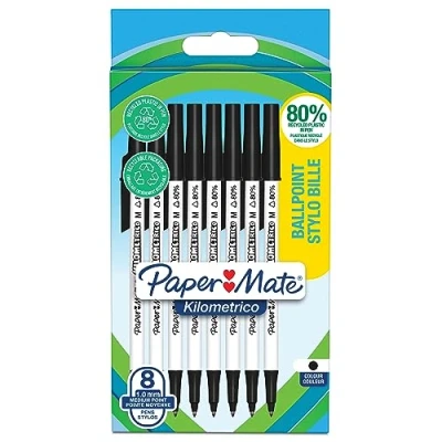 Image of Paper Mate Kilometrico Ballpoint Pens Long Writing with Medium Point (1.0mm) Black Ink 80% Recycled Plastic 8 Count
