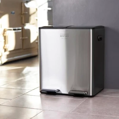 Image of Charles Bentley 30L Double Compartment Kitchen Bin Stainless Steel Rubbish Bins for Waste Pedal Recycling