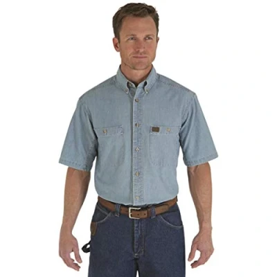 Image of Wrangler Riggs Workwear Men&#039;s chambray work utility button down shirts, Light Blue, XXL Tall UK