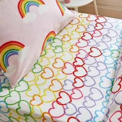 Image of Catherine Lansfield Rainbow Hearts Cosy Fleece Single Fitted Sheet Pink