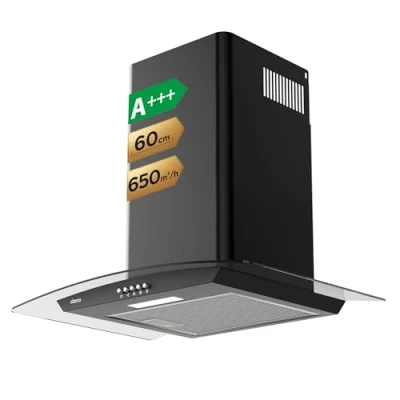 Image of CIARRA CBCB6506B Cooker Hood 60cm 650 m3/h Curved Glass Chimney Black with 3 Speed Recirculating Ducting Kitchen Ventilation Extractor Fan Carbon Filter