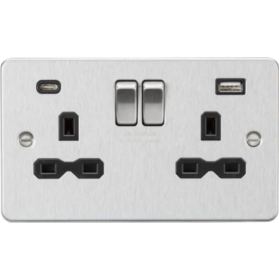 Image of KnightsBridge 13A 2G SP Flat Plate Switched Socket with Dual USB A+C Brushed Chrome, Black Insert