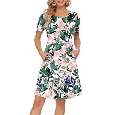 Image of AUSELILY Summer Dresses for Women UK Floral Print Casual Short Sleeve Pleated Loose Swing Dress with Pockets Knee Length Pink Green Flowers M