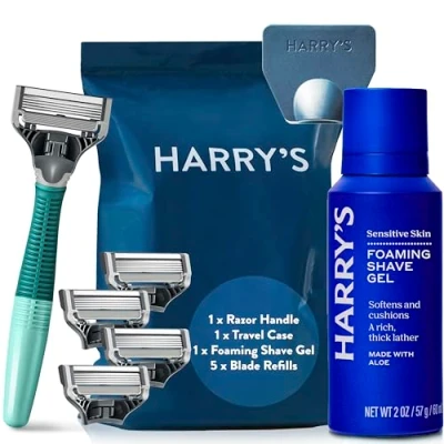 Image of Harry&#039;s Men&#039;s Razor Set, + 5 Blades Shaving Cream, Blade Refills use Design for Smoother Shaving, Travel Size Shave Cream Formulated with Aloe