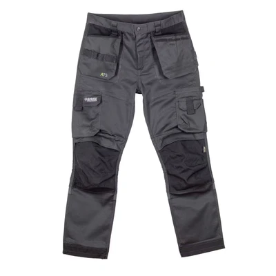 Image of Apache Workwear Men&#039;s Site Trouser ATS 3D Stretch Holster Grey/Black 30W x 33L Cordura Side Cargo Pocket Low Rise Comfort Waist Reinforced Hem Knee Pad and Phone