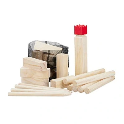 Image of Relaxdays Kubb Viking Game, Nordic Tossing Outdoor Game,Red King, Big, Garden Game with Bag,Natural Wood