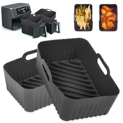 Image of Silicone Air Fryer Liners for Ninja Foodi AF300UK, AF400UK, 2Pcs Dual Zone Accessories, Reusable Basket Liner 7.6L 9.5L
