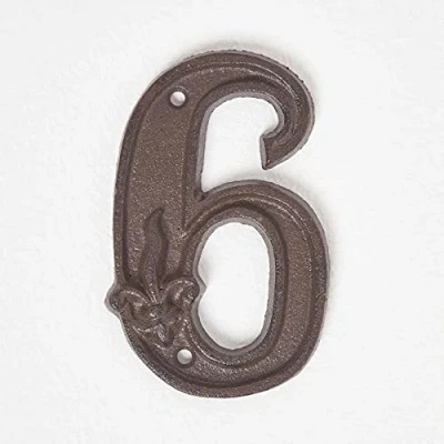 Image of HOMESCAPES Cast Iron Door Number 6 Decorative Antique Brown Finish House with Fleur De Lis Traditional Hand Design H 11.8 x W 8 cm