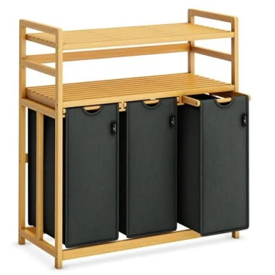Image of AdelDream Laundry Basket 150 L 3 Compartments 2 Shelves Extendable and Removable Bag Hamper Bamboo Frame Sorter Light Grey