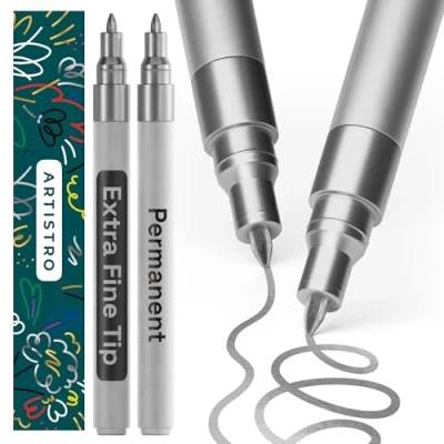 Image of ARTISTRO 2 Silver Permanent Marker Waterproof Markers for Tire, Fabric, Rocks, Glass, Ceramic, Wood, Paper Oil Based Paint Pens Extra Fine Tip 0.7mm