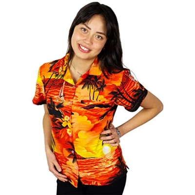 Image of King Kameha Funky Hawaiian Blouse Shirt, Shortsleeve, Surf, Orange, XL