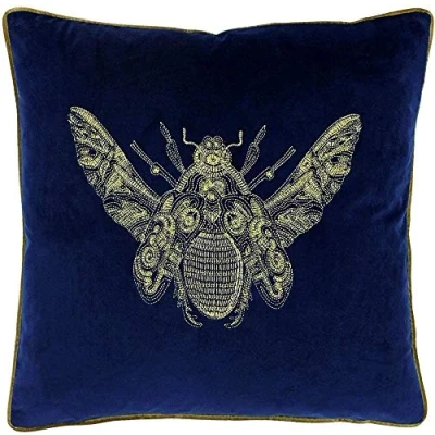 Image of Riva Paoletti Cerana Cushion Cover Royal Blue Super Soft Velvet Fabric Embroidered Bee Design Gold Piped Edges 100% Polyester 50 x 50cm (20&quot; 20&quot; inches)