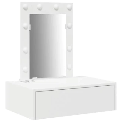 Image of vidaXL white rectangular mdf dressing table modern bedroom makeup vanity with led light mirror &amp; storage drawer