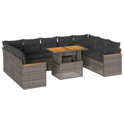 Image of vidaXL 10 Piece Garden Sofa Set with Cushions Grey Poly Rattan Acacia